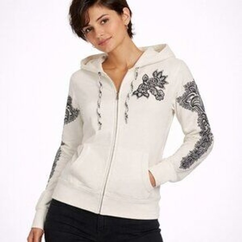 Lucky Brand Women's‎ Cream Paisley Floral Embroidered Zip Up Hoodie Sweatshirt S